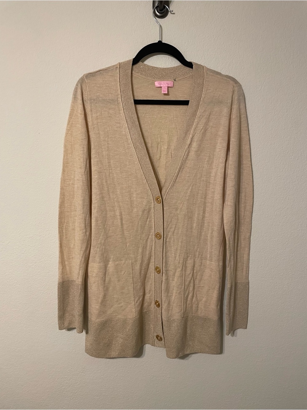 Lilly Pulitzer Metallic Gold Wool Blend Long Cardigan Sweater L